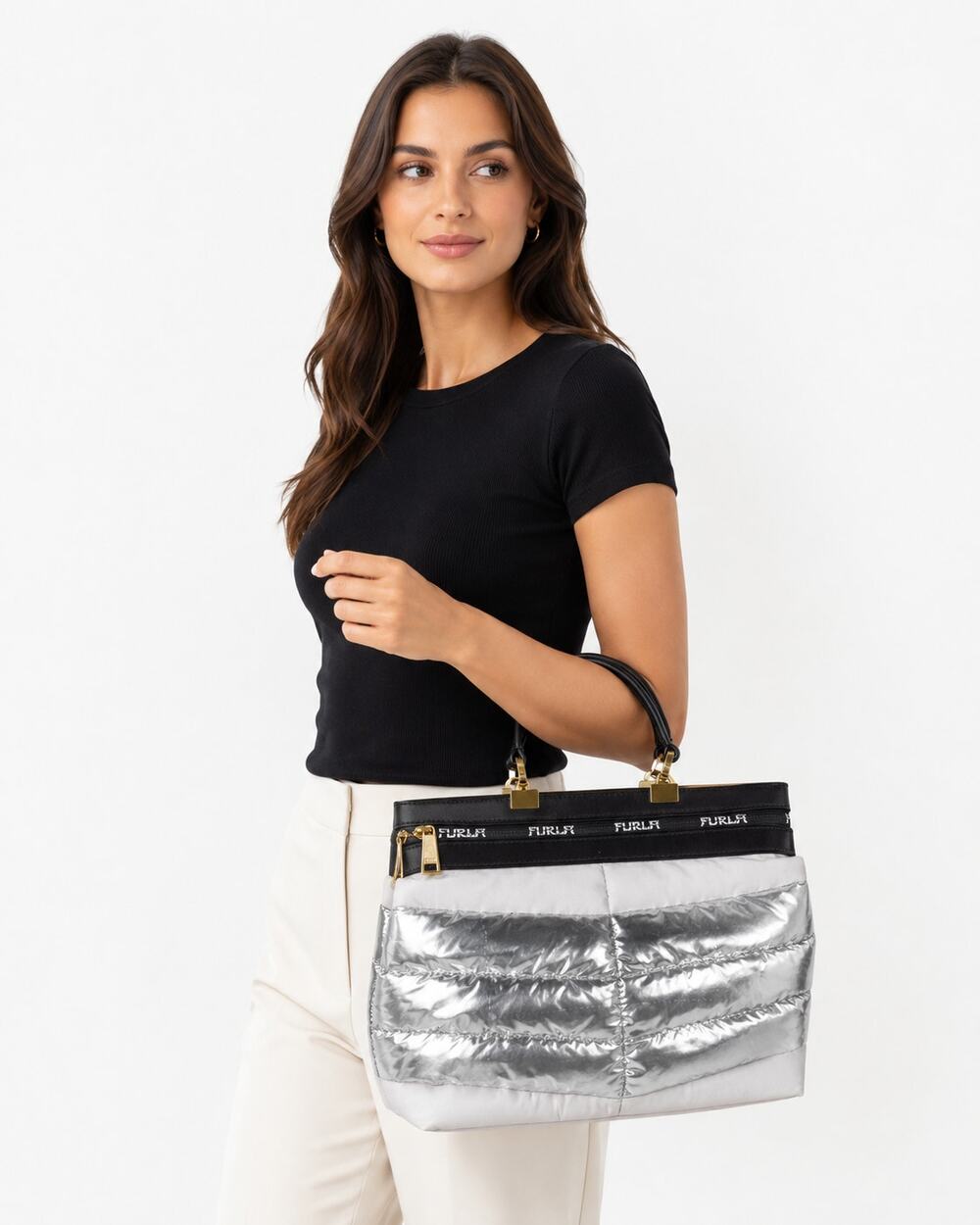 Furla Metallic Silver Puffer Nylon Tote Bag Black Leather Trim - Picture 1 of 7
